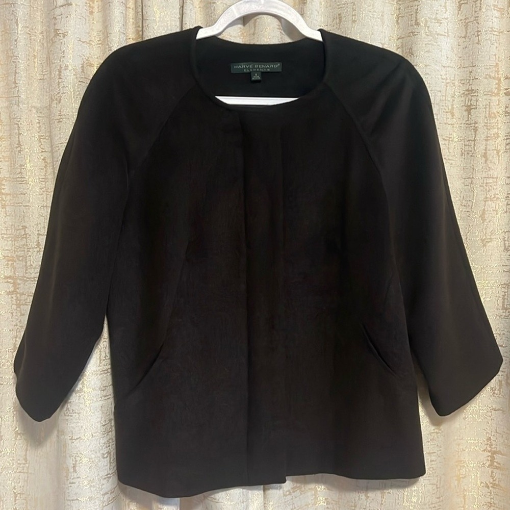 Harve Benard Jacket Womens 6 Black Faux Suede Collarless Pockets Office Wear